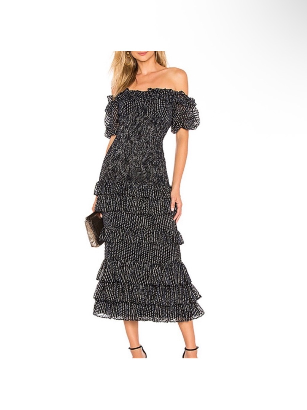 REVOLVE Off-Shoulder Navy Blue & Off White Ruffled Midi Dress